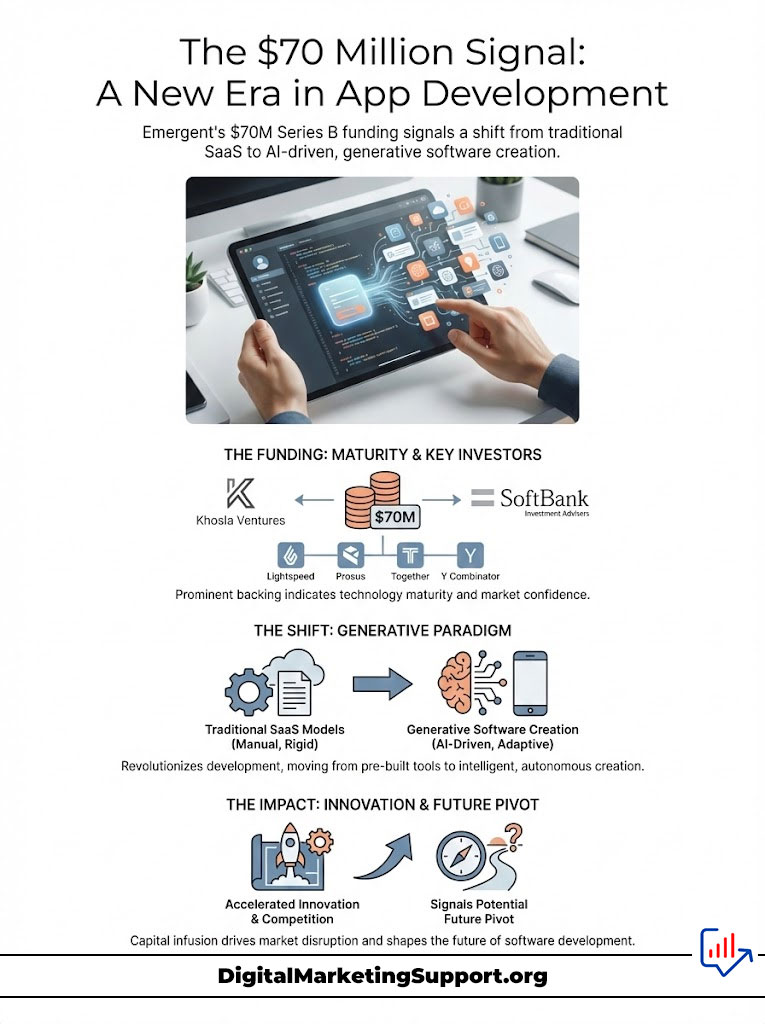 Infographic showing Emergent's $70M funding shift from traditional SaaS to AI-driven software development.