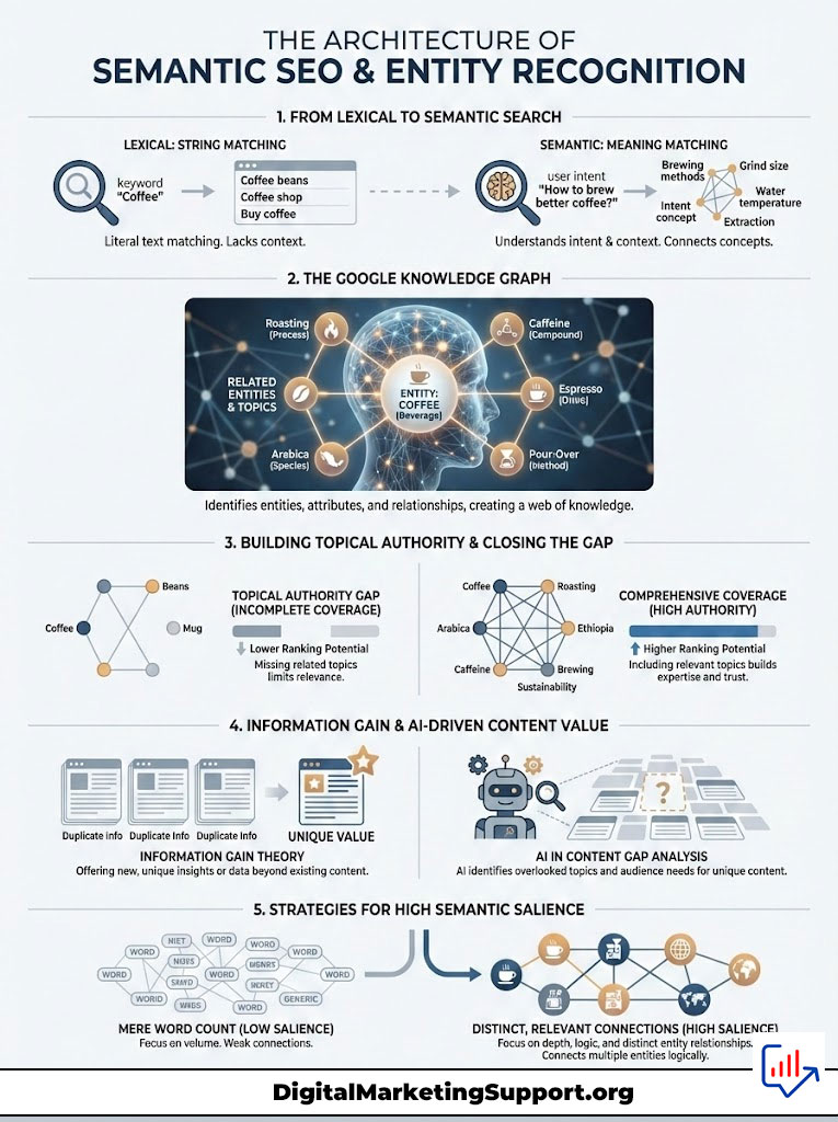 Infographic illustrating the architecture of semantic SEO and entity recognition with charts and icons related to coffee.