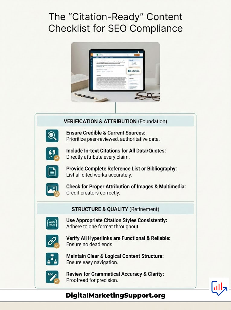 A checklist titled "Citation-Ready" for SEO compliance, featuring sections on verification, attribution, structure, and quality with icons.