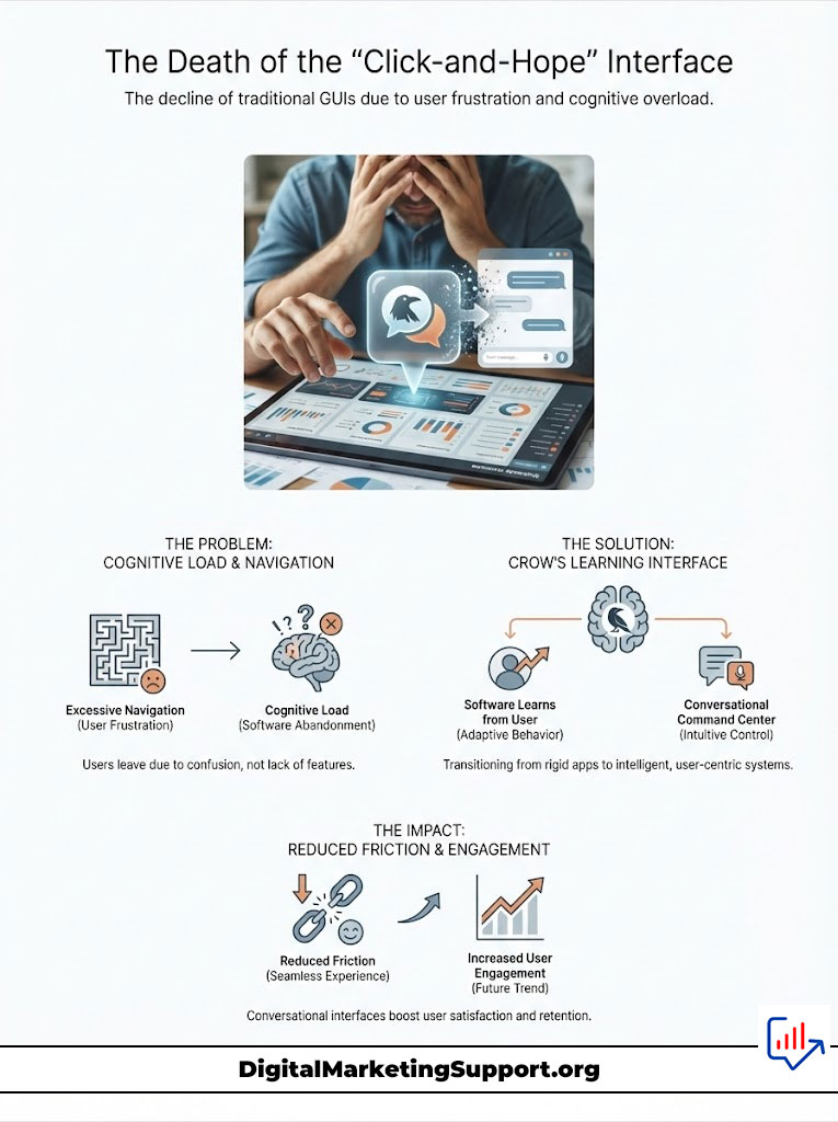Infographic showing the decline of traditional GUIs due to user frustration, featuring charts and icons about cognitive load and engagement.