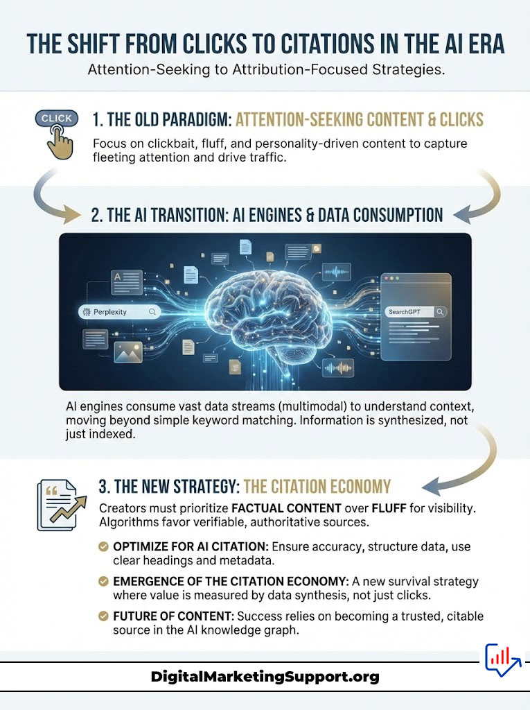 Infographic illustrating the shift from clicks to citations in the AI era, detailing strategies and data consumption.