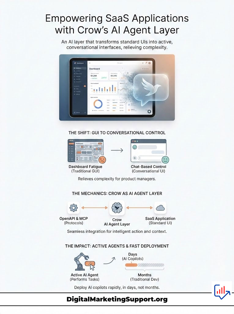 Infographic illustrating Crow's AI Agent Layer for SaaS applications, featuring dashboard images, icons, and key concepts.