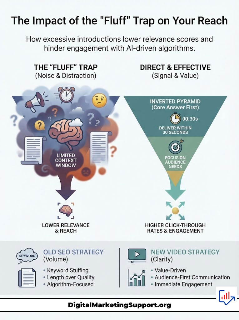 Infographic showing the impact of the "Fluff" trap on SEO reach with charts and strategies for engagement improvement.