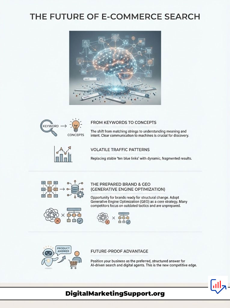 Infographic illustrating the future of e-commerce search with concepts, traffic patterns, and AI-driven advantages.