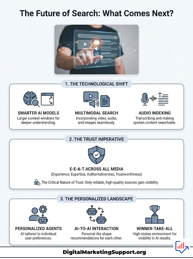 Infographic on the future of search, highlighting technological shifts, trust imperatives, and personalized landscapes.