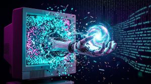 A robotic hand emerges from a computer screen, surrounded by colorful pixels and swirling energy.