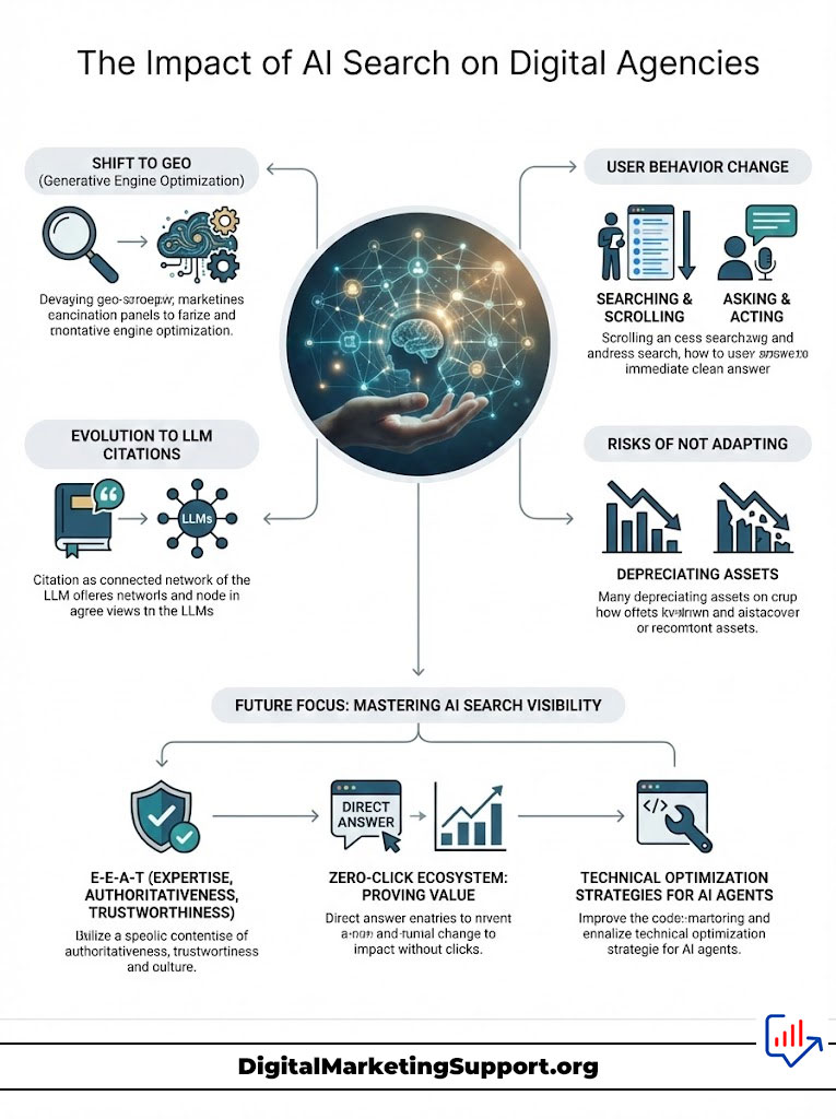 Infographic illustrating the impact of AI search on digital agencies, featuring user behavior changes and future focus areas.