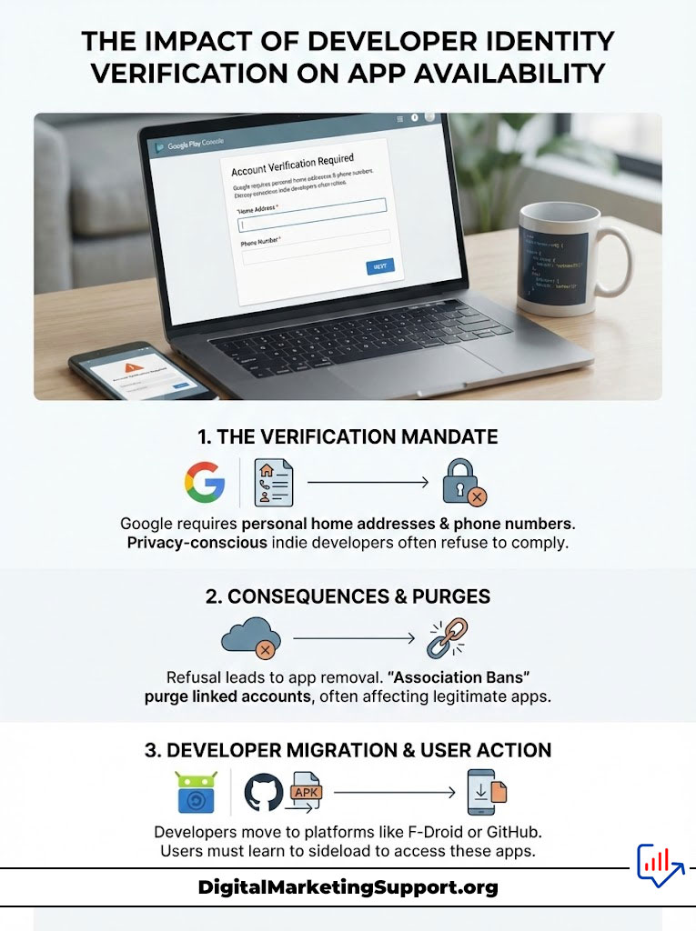 Infographic showing developer identity verification impact on app availability with text and icons about verification, consequences, and migration.