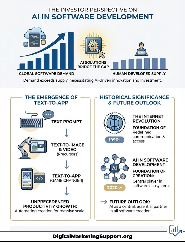 Infographic showing AI in software development, global demand, human supply, and productivity growth trends.