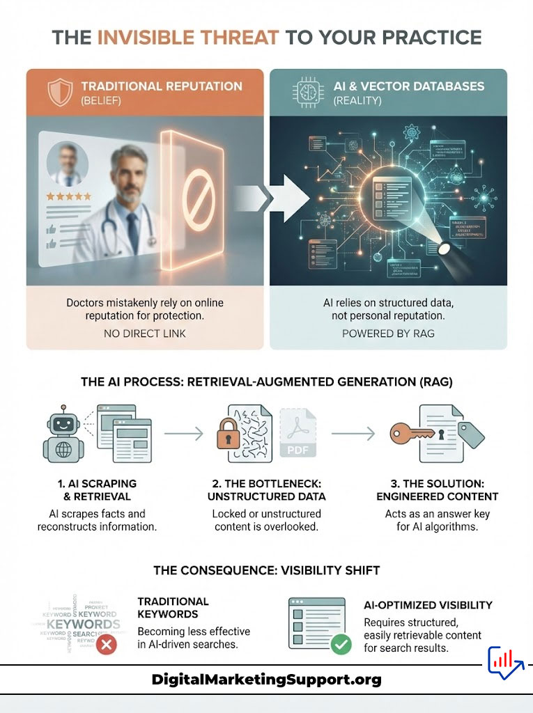 Infographic showing the invisible threat to medical practices, comparing traditional reputation and AI databases with key data points.