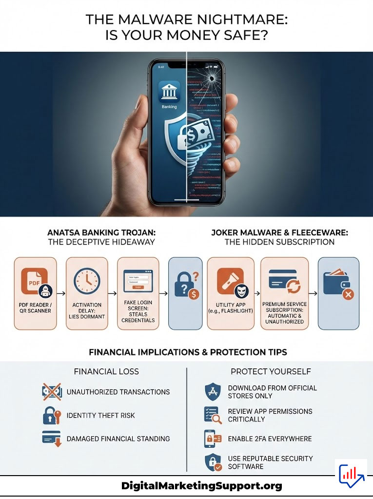Infographic showing malware threats to banking, including Anatsa and Joker malware, with protection tips and financial risks.