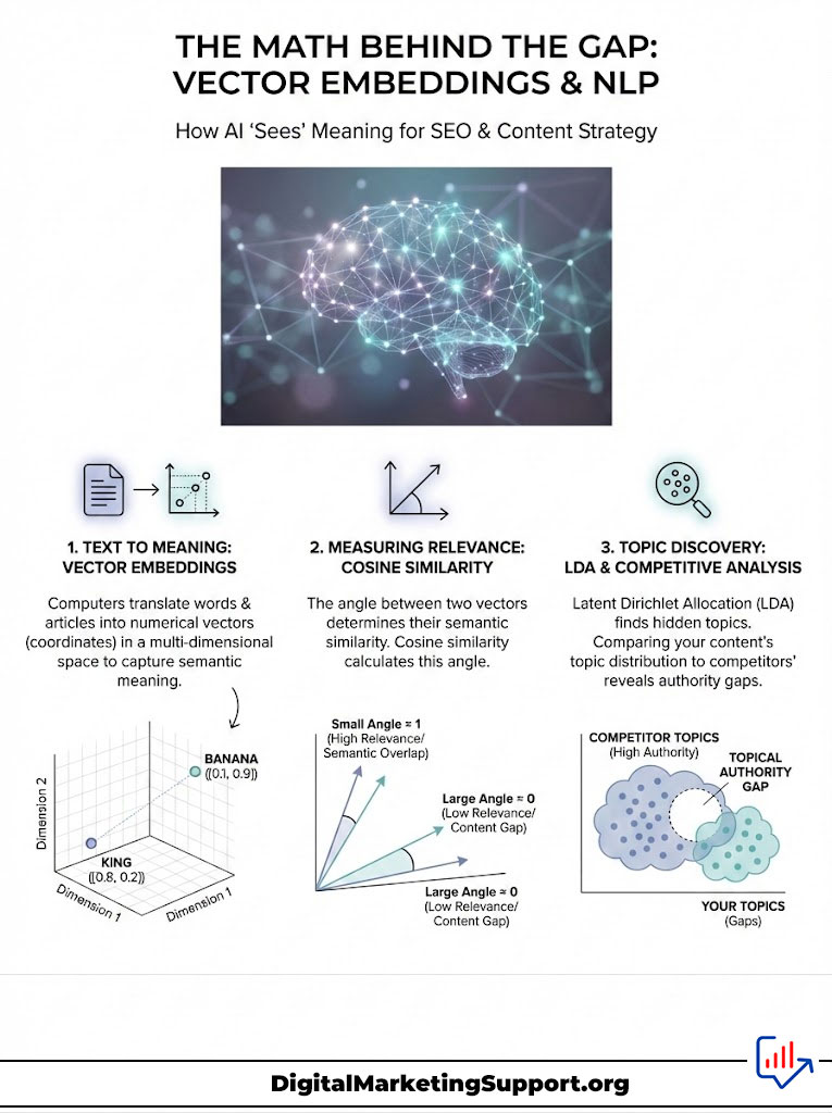 Infographic explaining vector embeddings and NLP for SEO, featuring a brain graphic and charts on cosine similarity and topic discovery.
