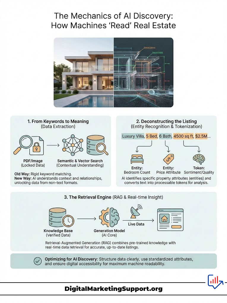 Infographic explaining AI discovery in real estate with data extraction, entity recognition, and retrieval engine processes.