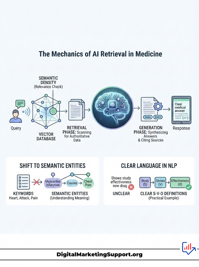 Infographic illustrating the mechanics of AI retrieval in medicine, showing phases and semantic entities involved.