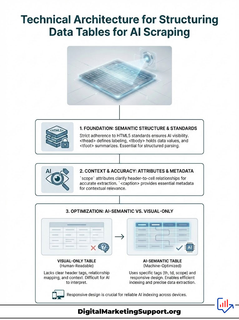 Infographic explaining technical architecture for structuring data tables for AI scraping, featuring three main sections and icons.