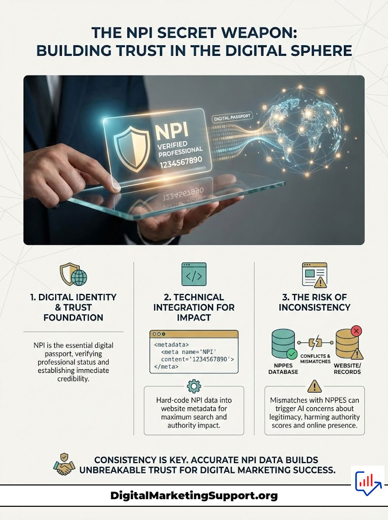 Infographic showing NPI as a digital passport with three key points on trust, integration, and consistency in digital marketing.