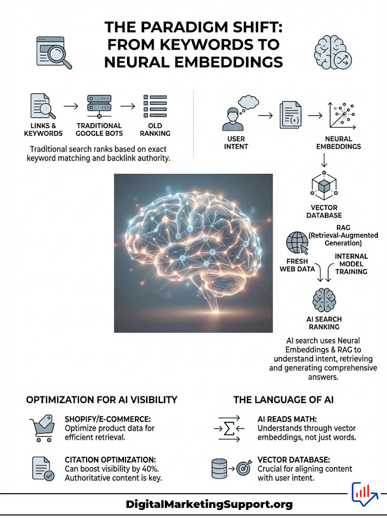 Infographic illustrating the shift from keywords to neural embeddings in AI search optimization, featuring charts and icons.