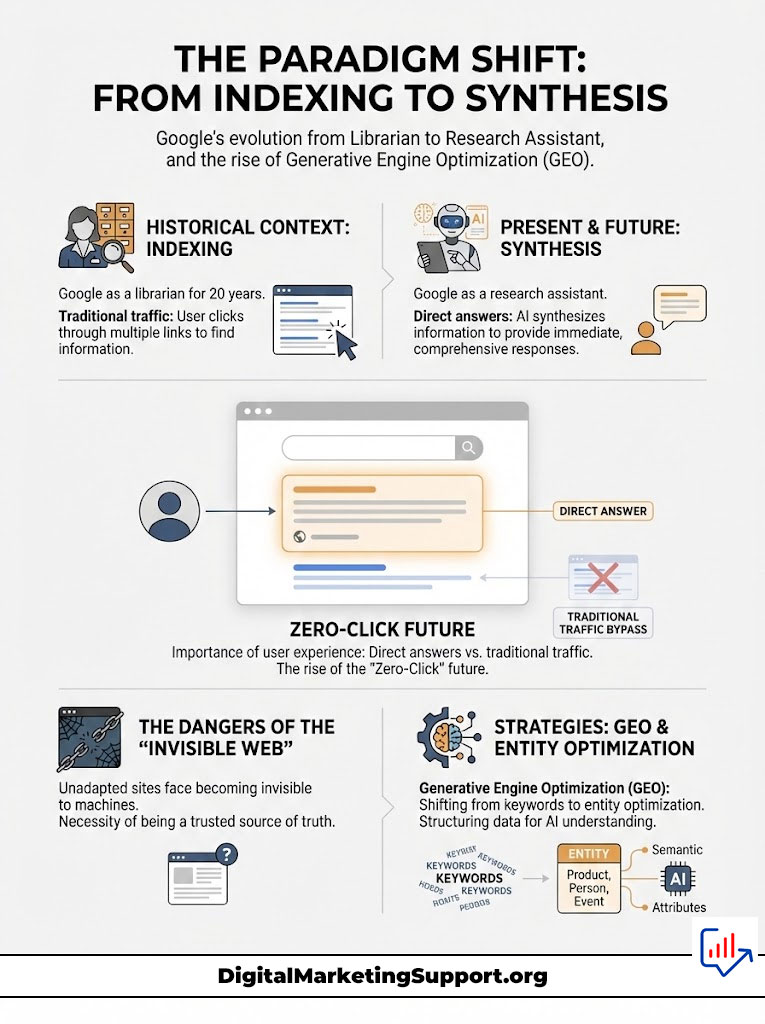Infographic illustrating Google's evolution from indexing to synthesis, highlighting key concepts and strategies.