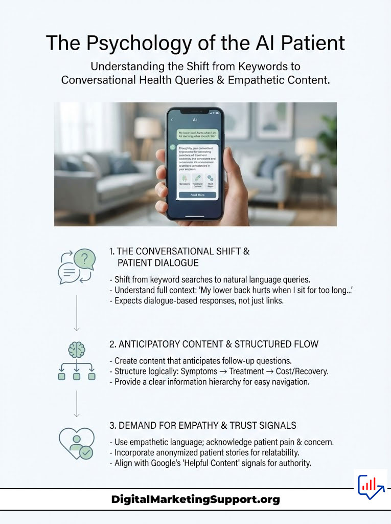 Infographic on the psychology of AI patients, featuring a smartphone displaying patient dialogue and three key points about content strategy.