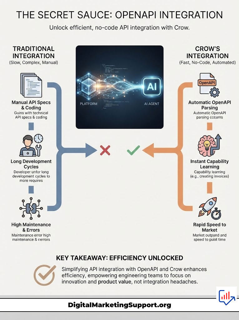 Infographic comparing traditional API integration with Crow's OpenAPI integration, highlighting efficiency benefits and key features.