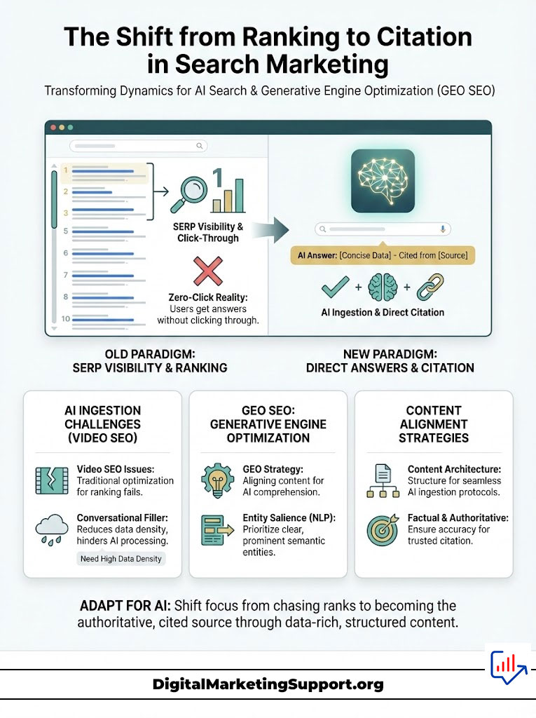 Infographic showing the shift from ranking to citation in search marketing with key strategies and challenges.
