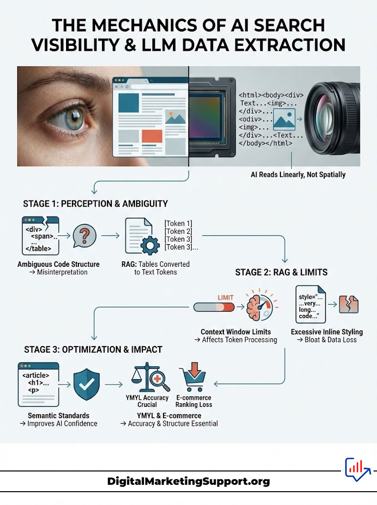 Infographic explaining AI search visibility and LLM data extraction stages with visuals and text elements.