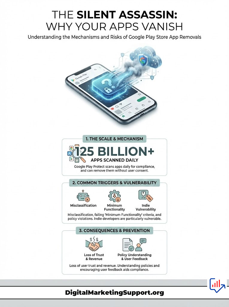 Infographic explaining Google Play Store app removals, featuring statistics and common triggers for app vanishing.