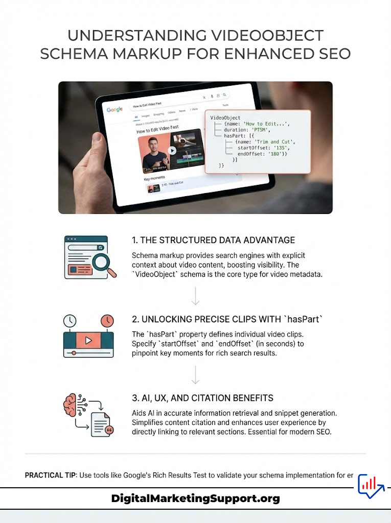 Infographic explaining VideoObject schema markup for SEO, featuring text, icons, and a video search example.