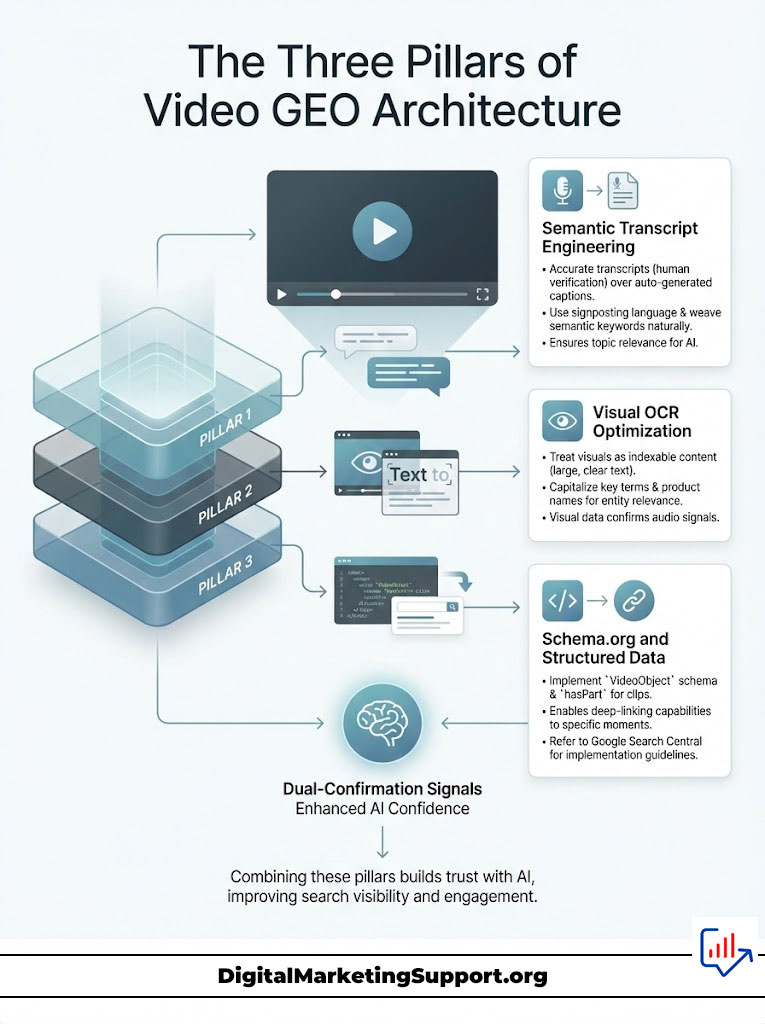Infographic illustrating the three pillars of video GEO architecture: Semantic Transcript Engineering, Visual OCR Optimization, and Schema.org data.