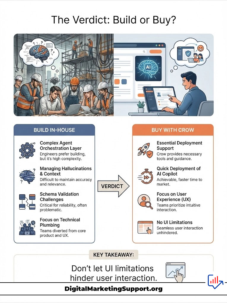 Infographic comparing building in-house vs. buying with Crow for AI deployment, featuring key points and illustrations.