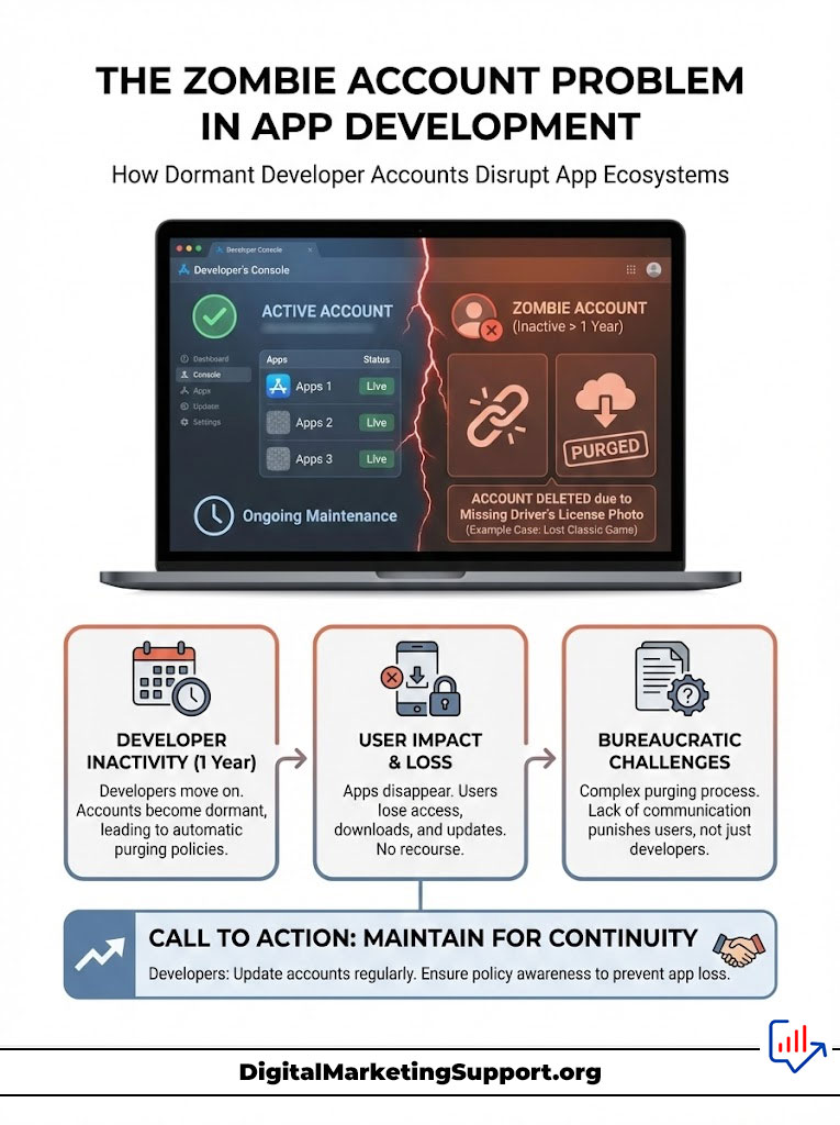 Infographic showing the zombie account problem in app development with charts and key points on developer inactivity and user impact.