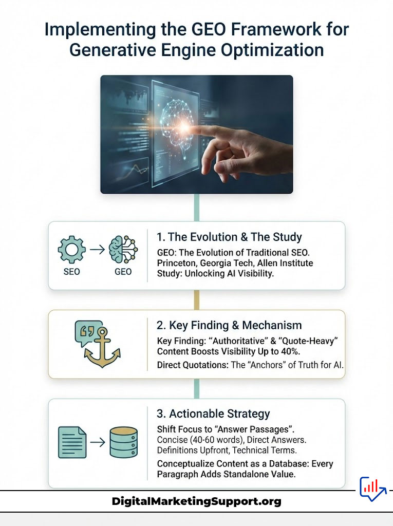 Infographic illustrating the GEO framework for generative engine optimization with three main sections and icons.