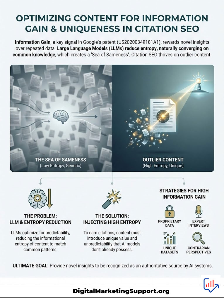 Infographic explaining information gain in citation SEO with charts on entropy and strategies for high information gain.