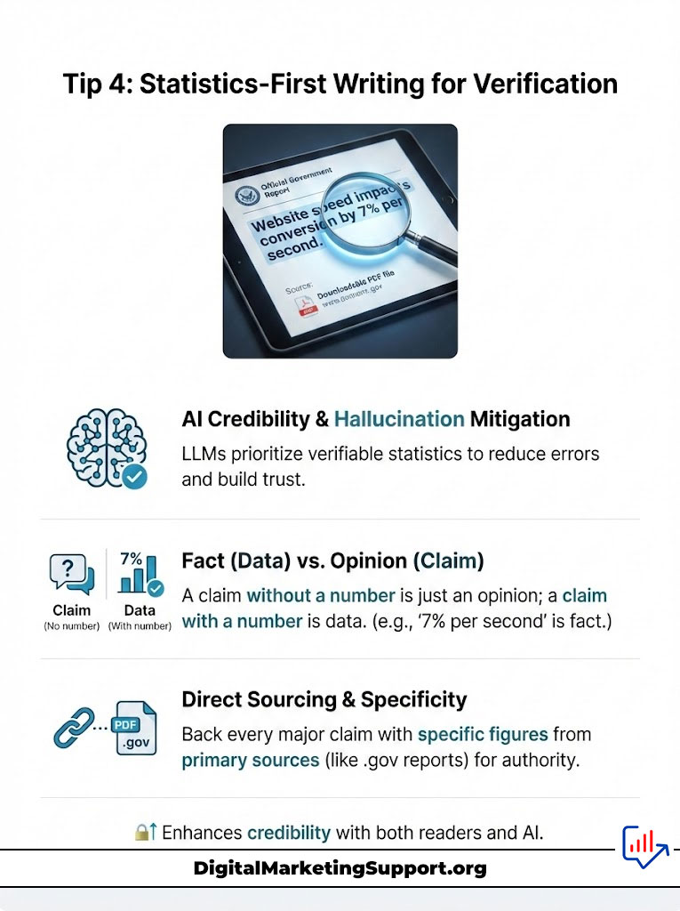 Infographic showing statistics-first writing tips with charts and icons on AI credibility and sourcing.