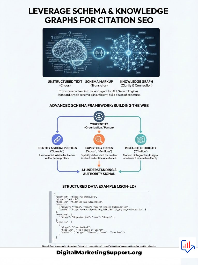 Infographic illustrating schema and knowledge graphs for citation SEO, featuring structured data examples and key concepts.