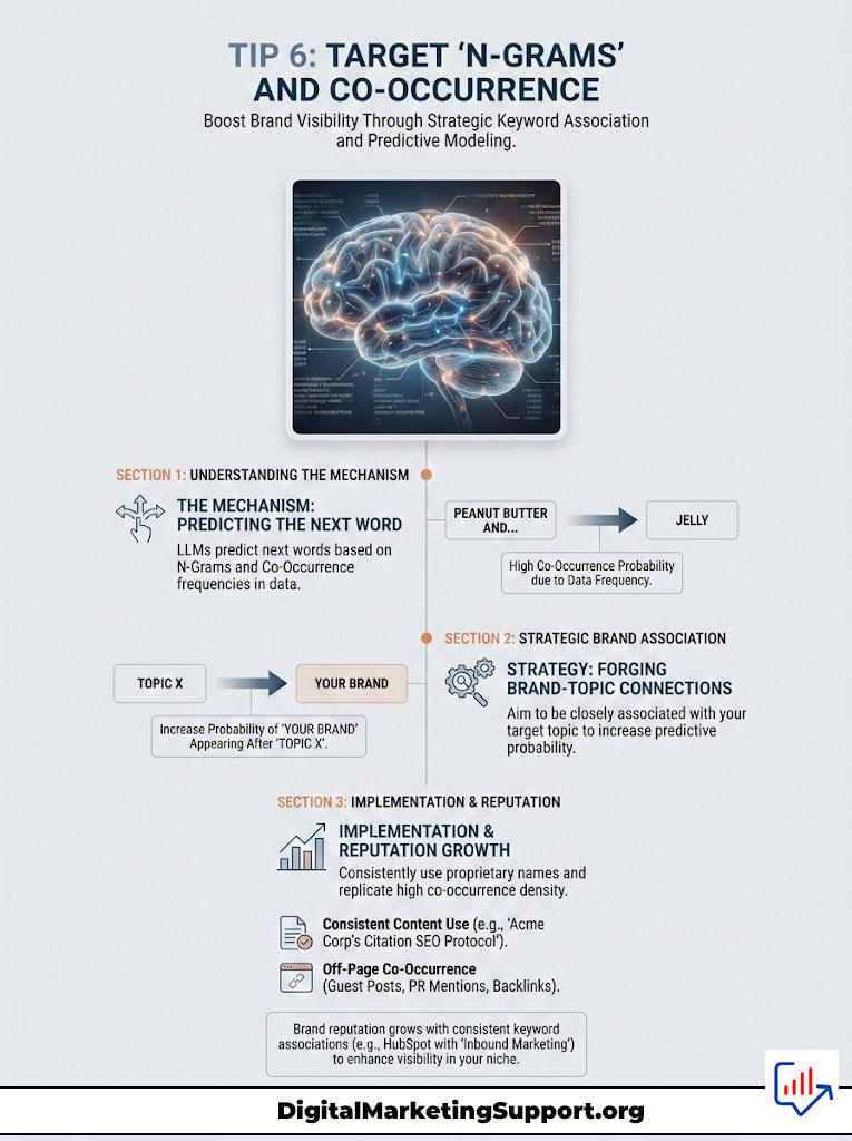 Infographic illustrating keyword strategies with a brain graphic, sections on mechanisms, brand association, and implementation tips.