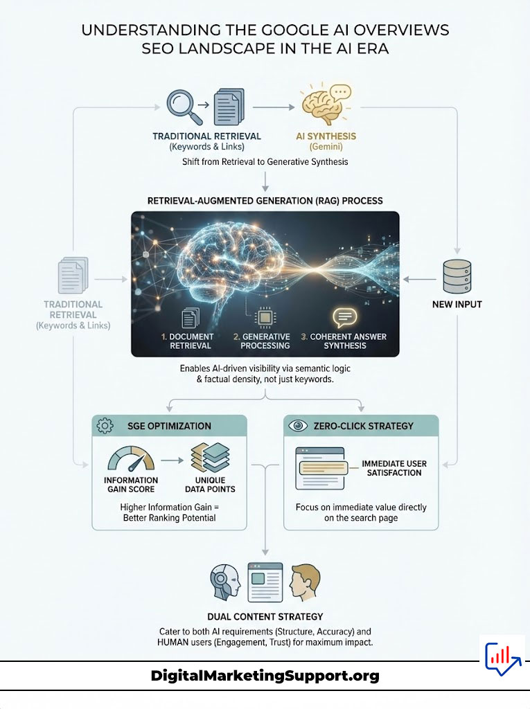 Infographic explaining Google AI SEO landscape, featuring traditional retrieval, AI synthesis, and dual content strategy.