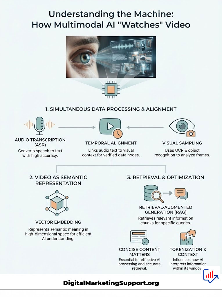 Infographic explaining how multimodal AI processes video, featuring audio transcription, video representation, and retrieval methods.