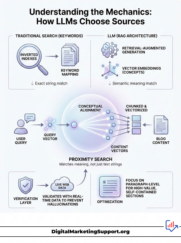 Infographic explaining how LLMs choose sources, featuring diagrams for traditional search and LLM architecture.