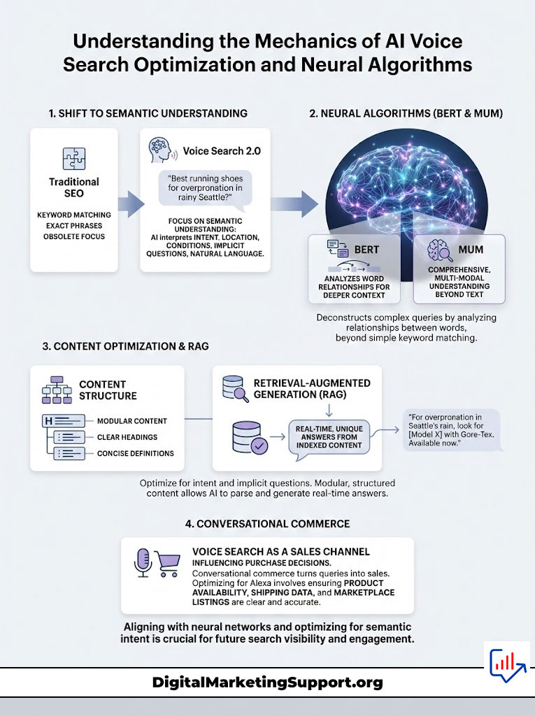 Infographic explaining AI voice search optimization, featuring charts, icons, and key concepts like BERT and RAG.