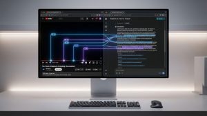 A dual-monitor setup displays a YouTube video on quantum computing and a document analysis tool.