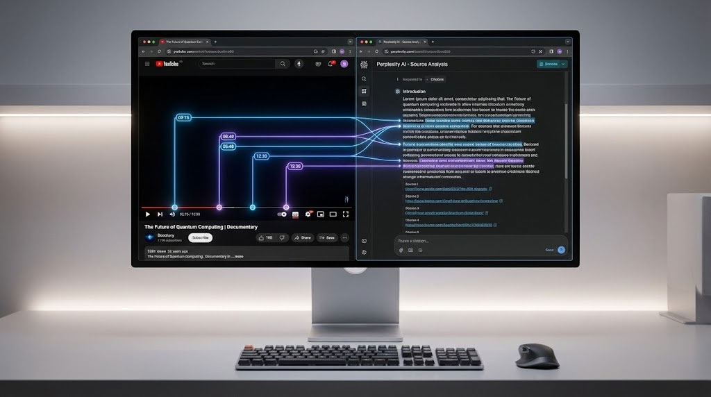 A dual-monitor setup displays a YouTube video on quantum computing and a document analysis tool.