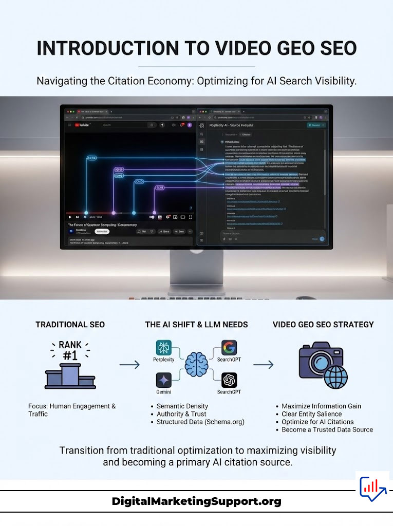 Infographic on Video Geo SEO strategies with charts, text, and icons about AI search visibility and citation economy.