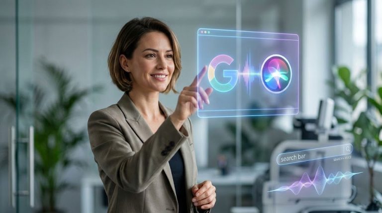 A businesswoman interacts with a holographic display showing a logo and search bar in a modern office.