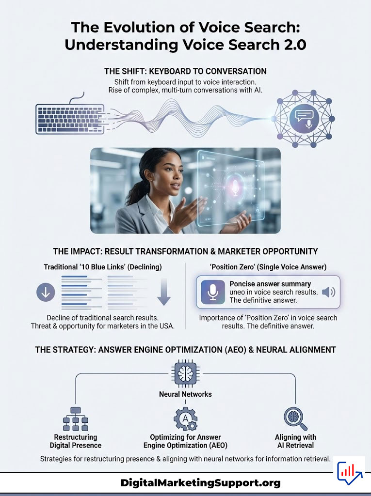 Infographic illustrating the evolution of voice search, highlighting shifts from keyboard to voice interaction and strategies for optimization.