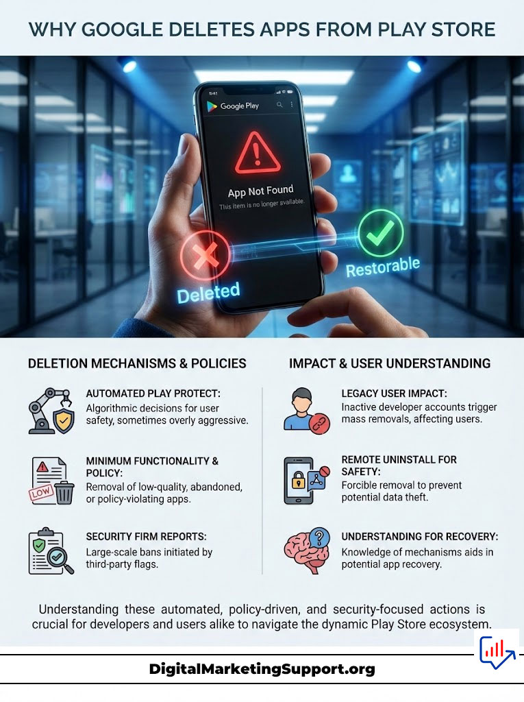 Infographic explaining why Google deletes apps from Play Store, featuring a phone with an error message and key policies.