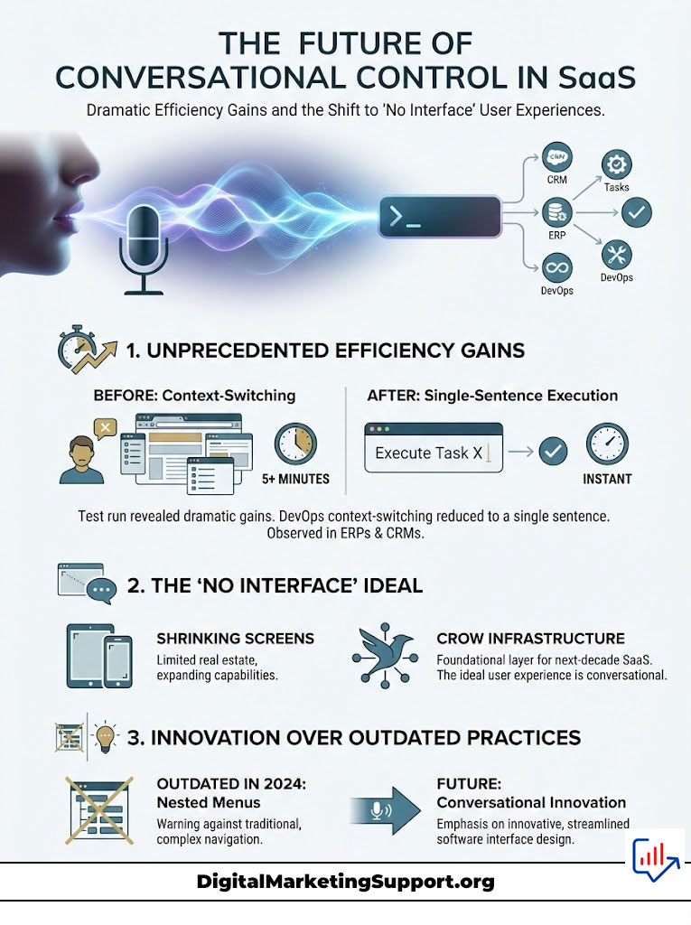 Infographic on the future of conversational control in SaaS, showing efficiency gains and user experience shifts.