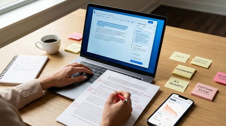 A person edits a document on a laptop while taking notes with a red pen, surrounded by sticky notes and a coffee cup.
