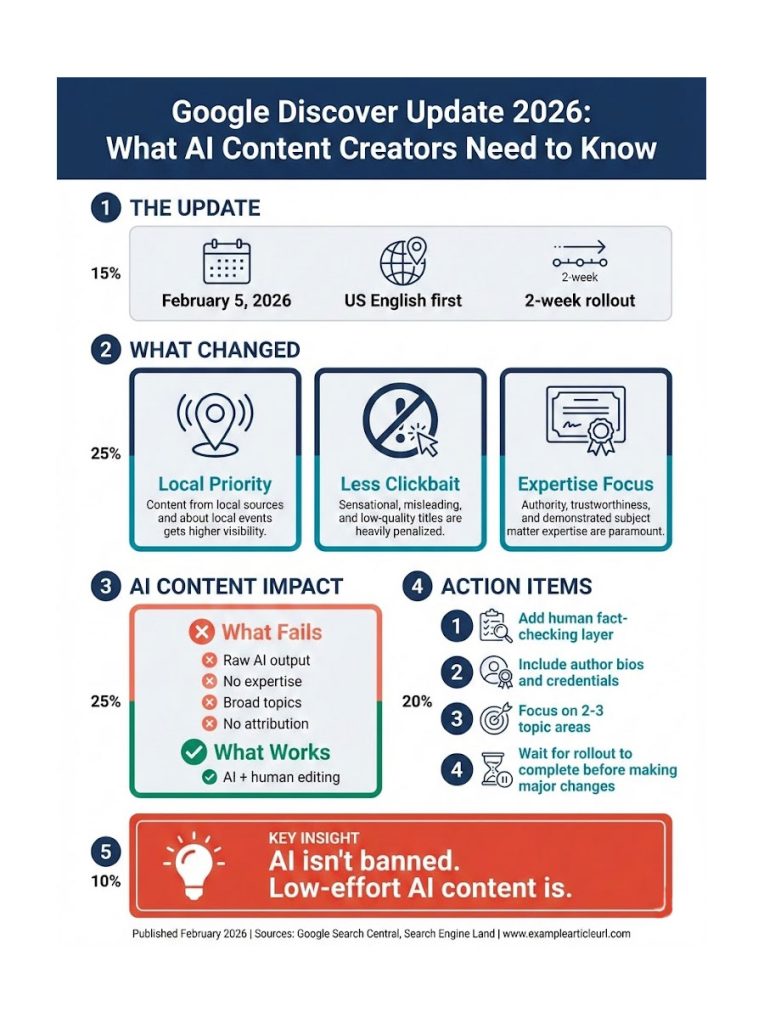 Infographic detailing Google Discover Update 2026 for AI content creators, featuring key changes and action items.