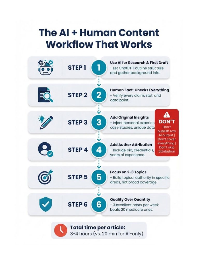 Infographic showing AI and human content workflow steps with icons and text for each step, including time estimates.